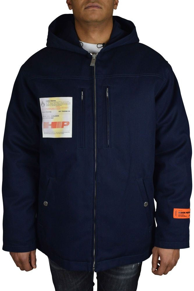 Heron Preston Hooded Blue Cotton Coat With Logo Accents