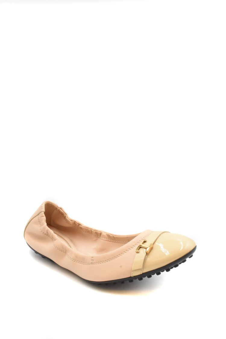 Tod's Beige Logo Buckle Patent Cap Toe Leather Ballet Flats
