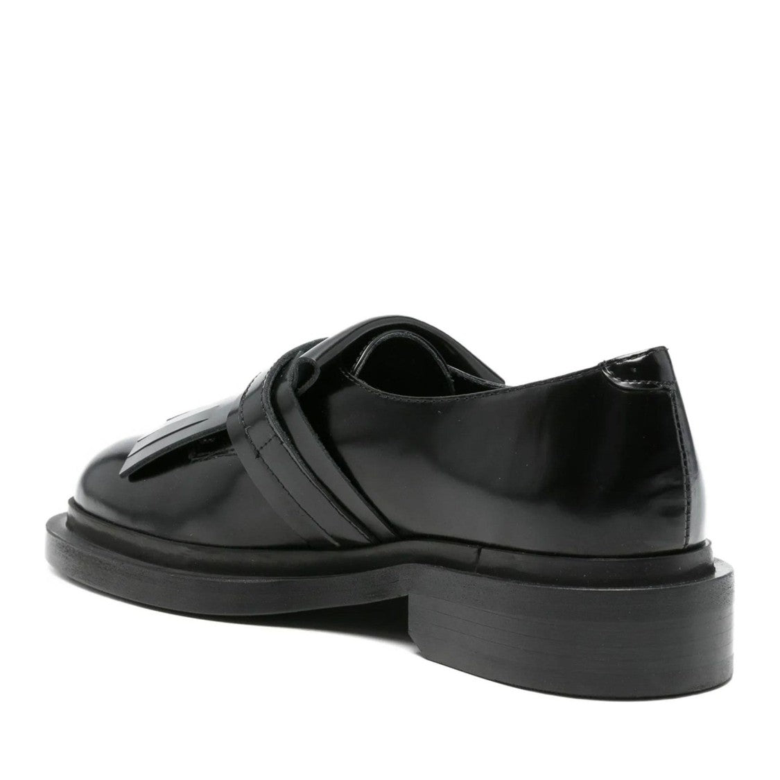 Adrianna Feretti Black Rounded Toe Fringed Panel Leather Loafers