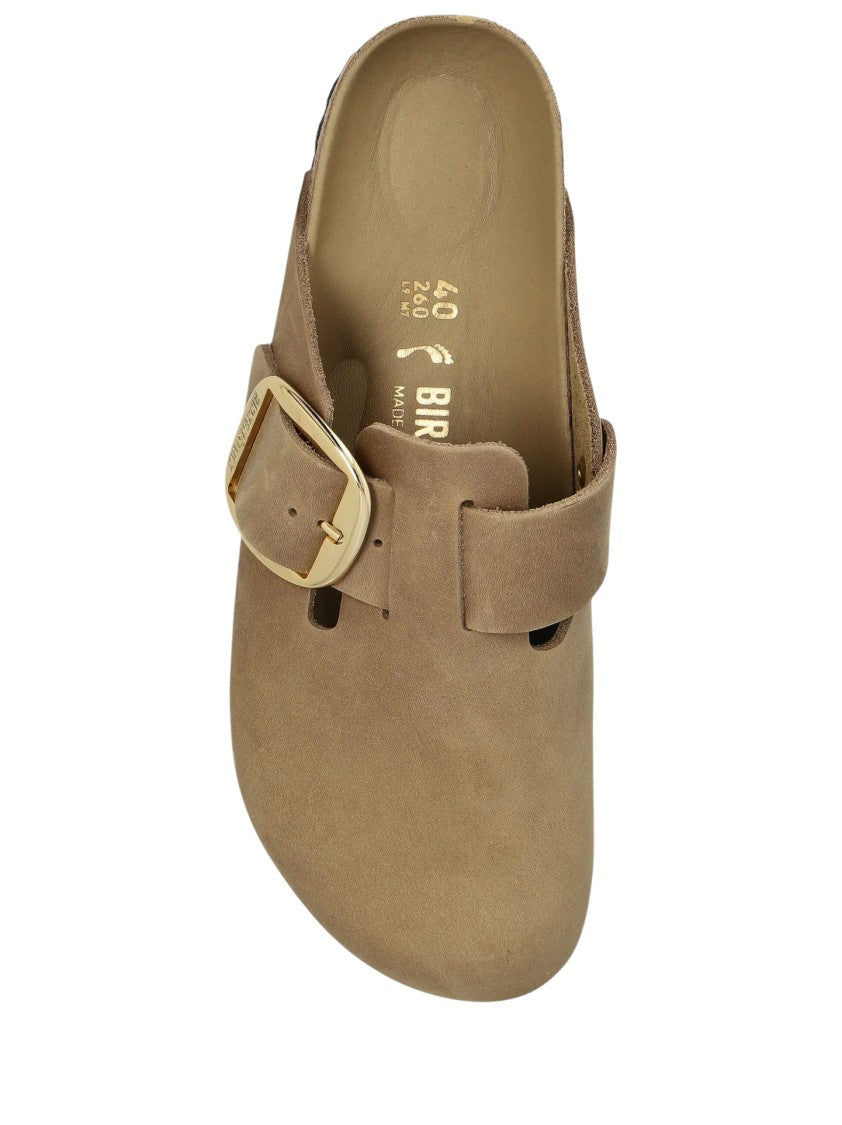 Birkenstock Contoured Brown Slip-On Sandals With Gold-Tone Buckle