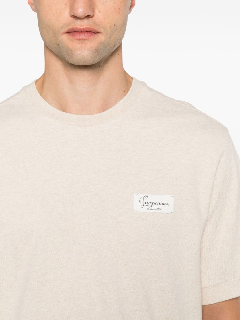 Jacquemus Crew Neck T-Shirt In Light Beige With Rectangular Logo Patch