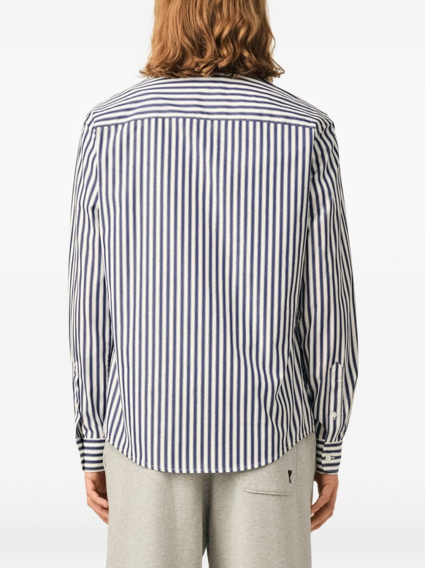Ami Paris Button-Down Shirt With Vertical Navy And White Stripes