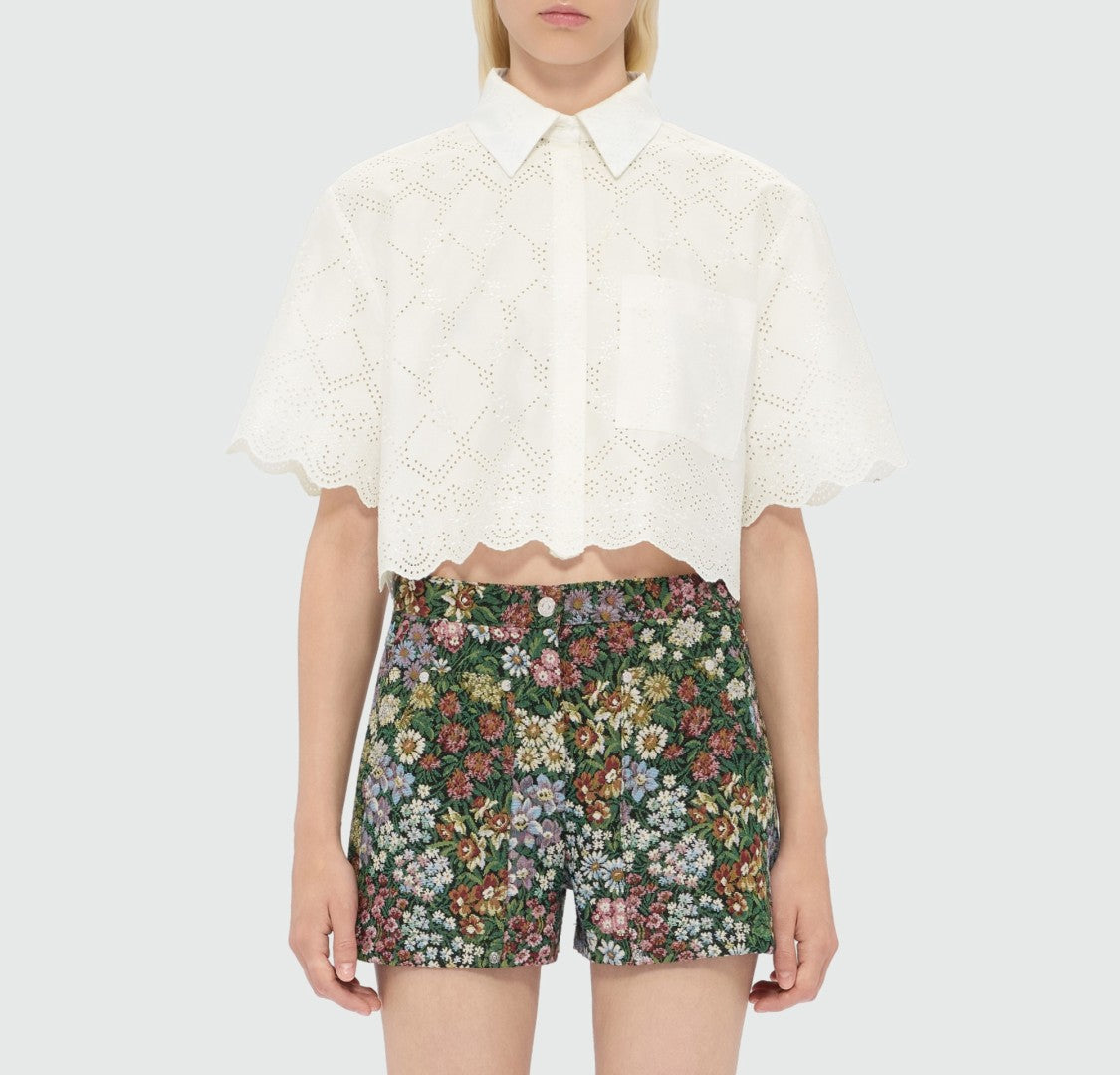 Msgm Delicate Eyelet Cropped Shirt With Scalloped Hemline