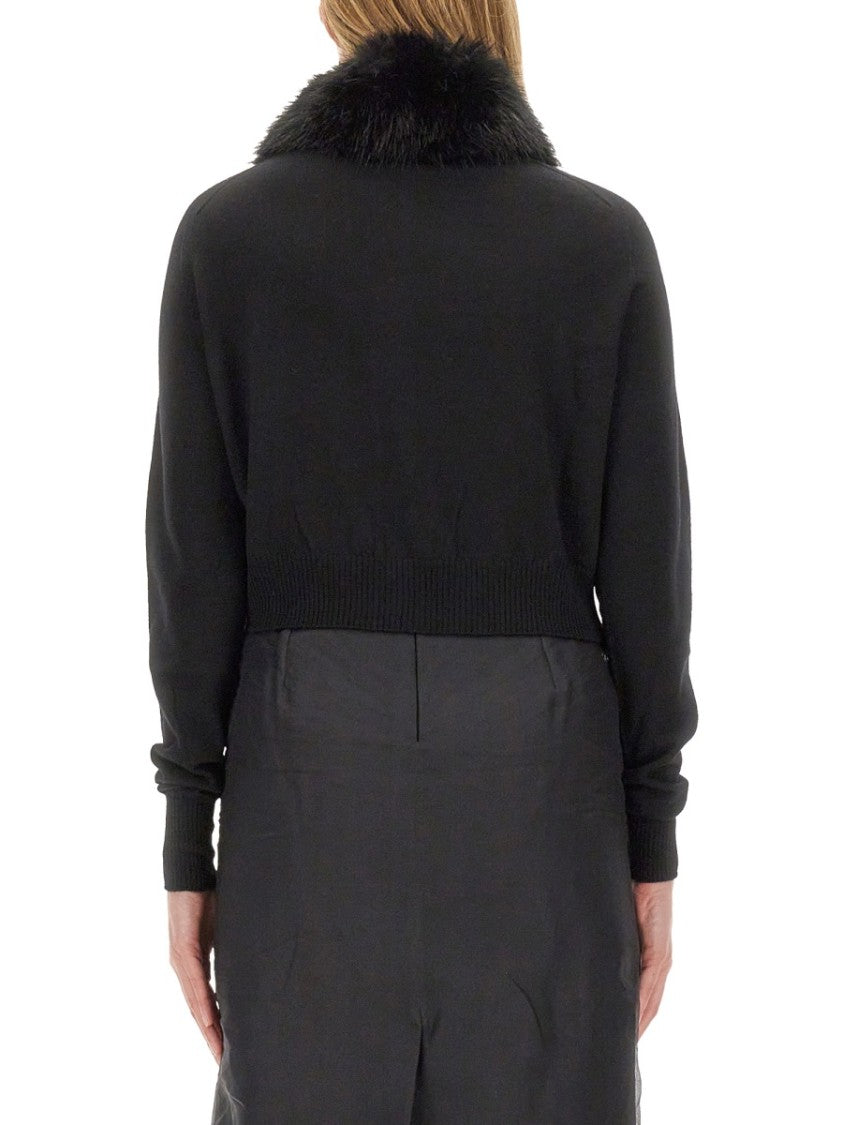 Sportmax Cropped Black Cardigan With Plush Fur Collar