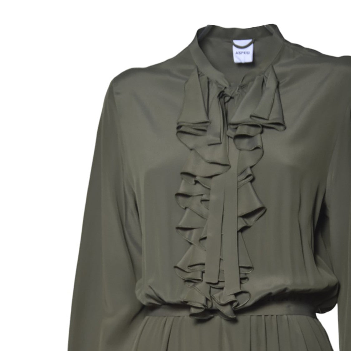 Aspesi Green Crepe De Chine Midi Dress With Ruffles