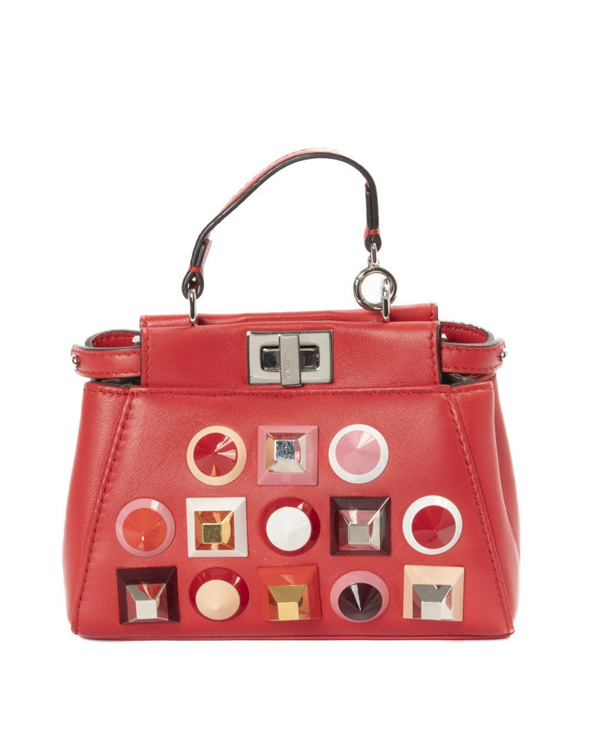 Fendi Red Peekaboo Micro Studded Leather Handbag