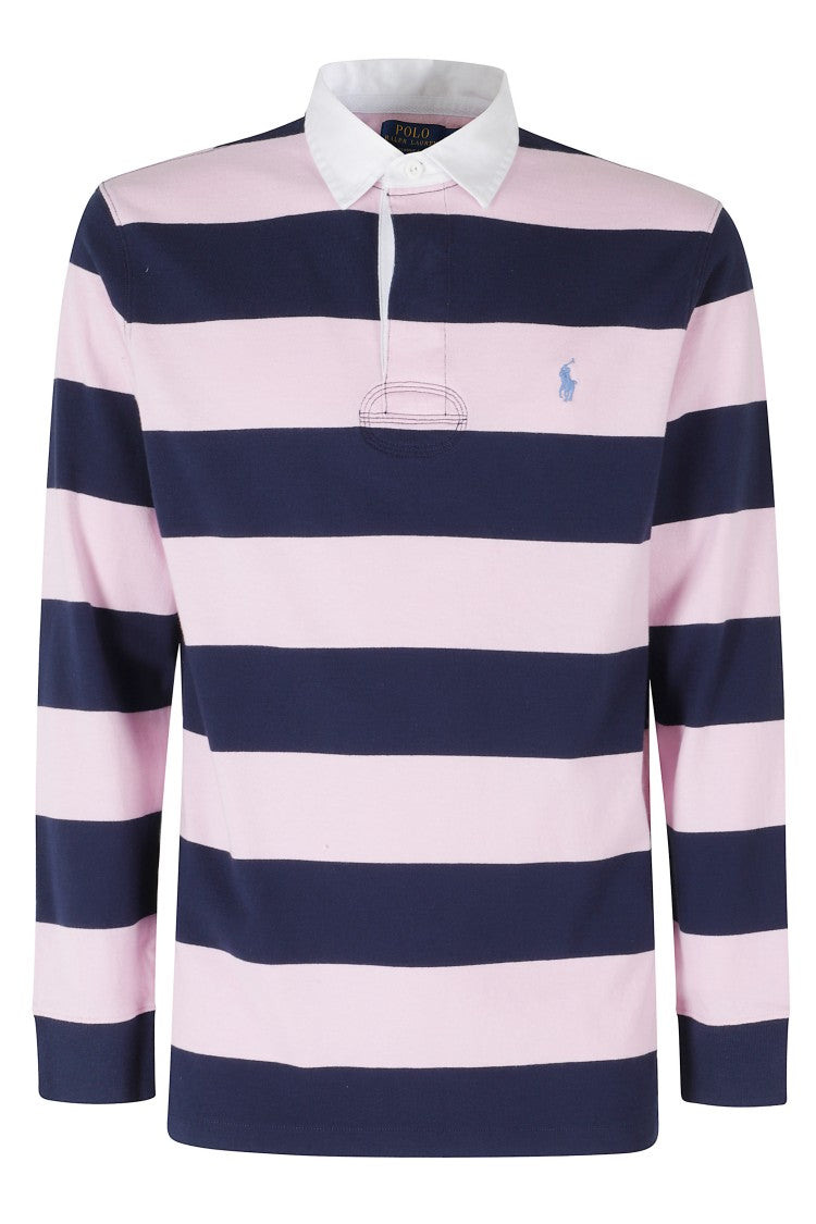 Polo Ralph Lauren Pink Striped Long Sleeve Ribbed Cuffs Cotton Rugby Polo Shirt