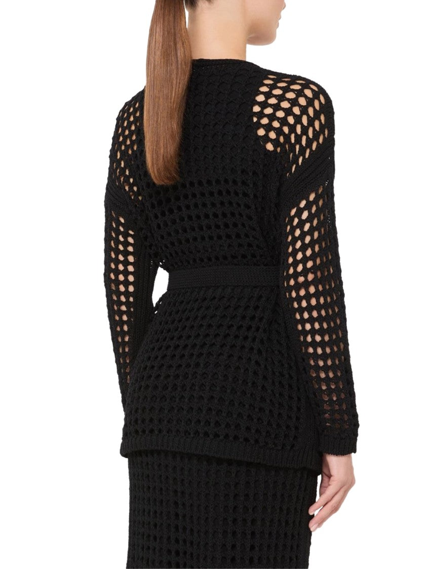 Max Mara Open-Knit Black Cardigan With Matching Knit Belt