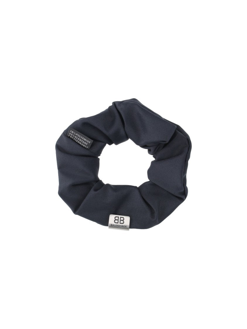 Balenciaga Gathered Black Fabric Scrunchie With Silver Logo Tag