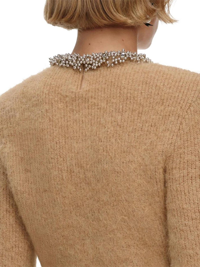 Self-Portrait High-Neck Beaded Trim Knit Sweater