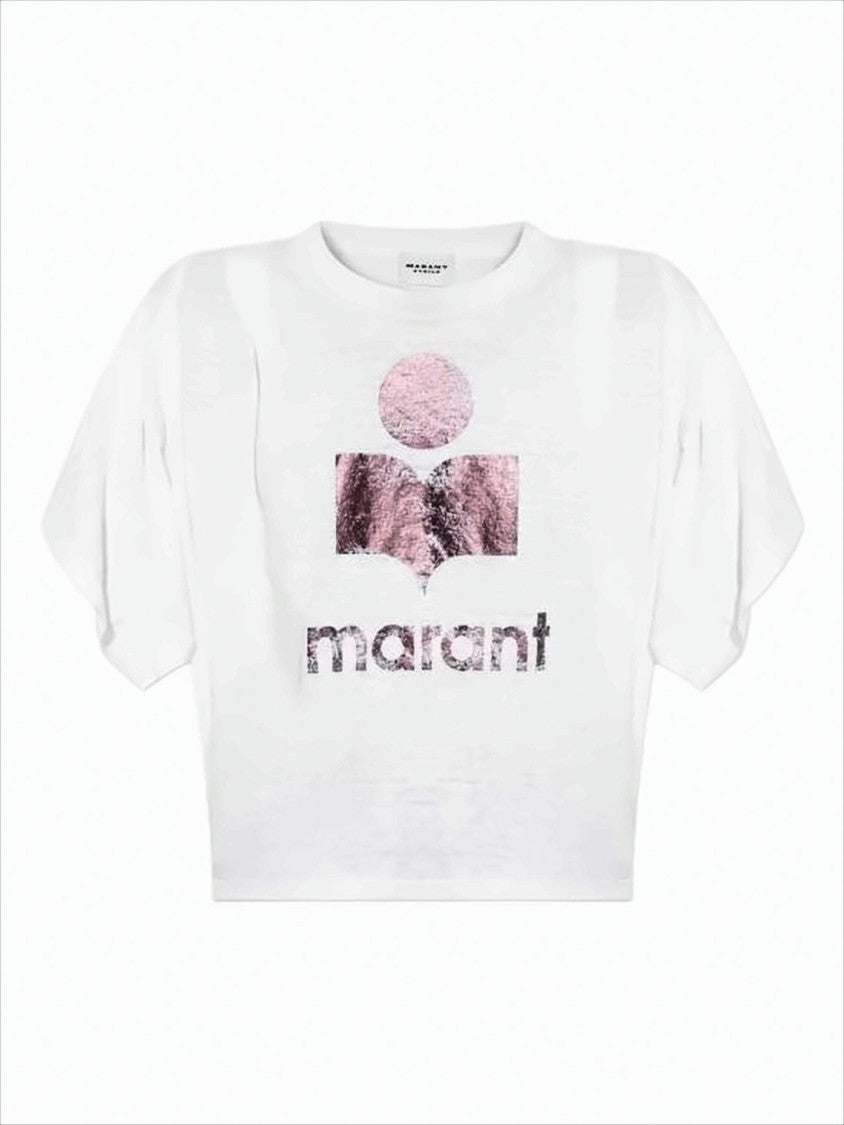 Isabel Marant Cropped Short-Sleeve Top With Metallic Pink Logo