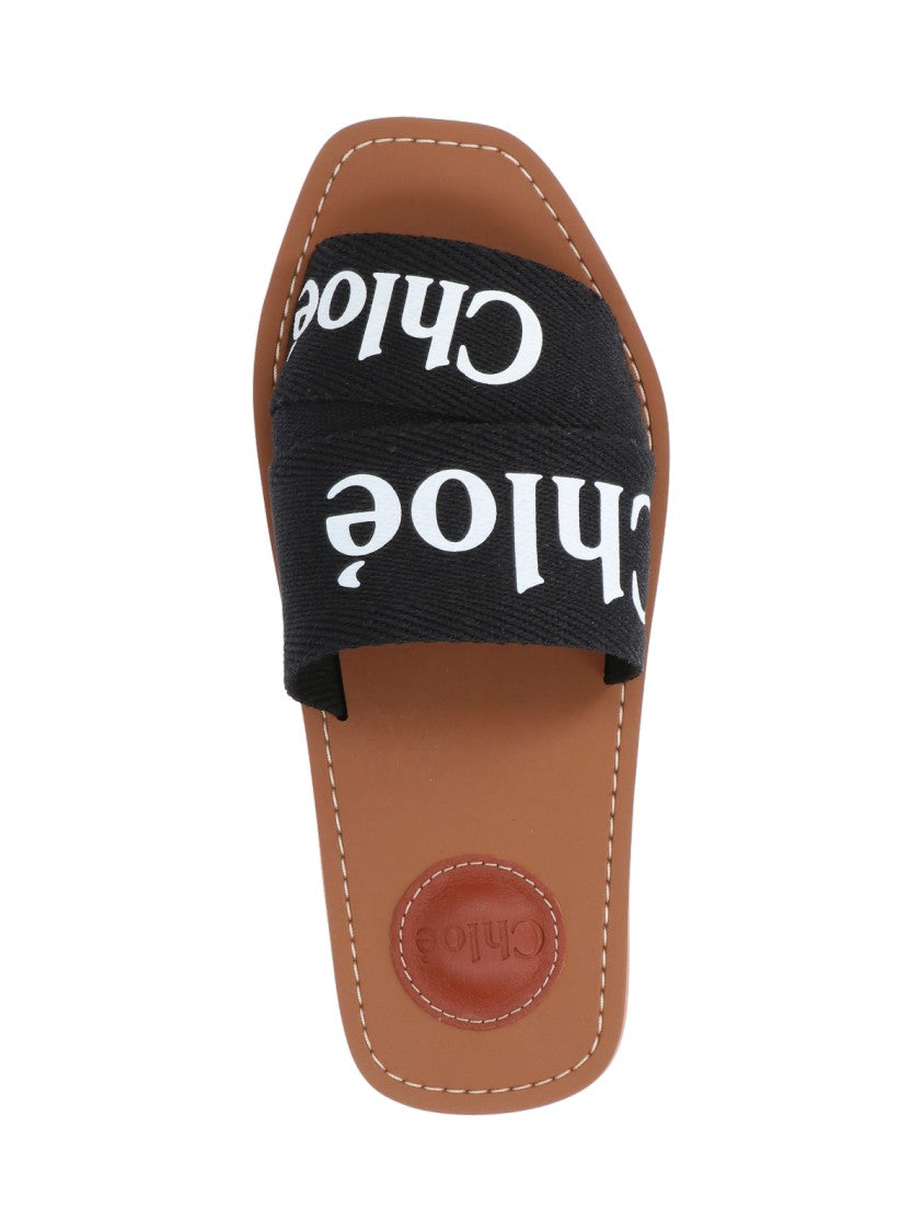 Chloé Black Woody Embroidered Linen Sandal