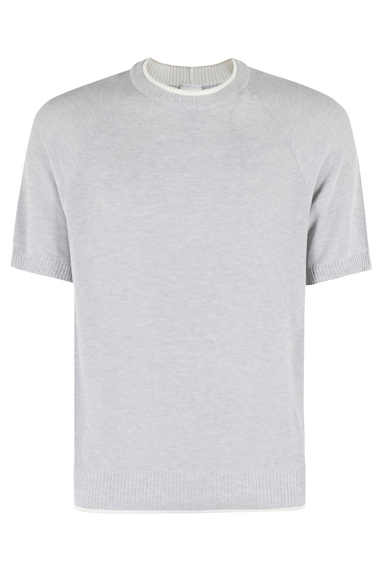 Eleventy Ribbed Crew Neck Cotton Sweater With Contrasting Trim