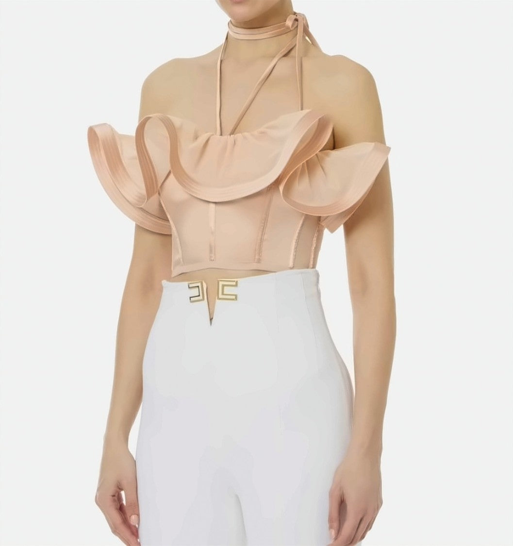 Elisabetta Franchi Satin Bandeau Tulle Maxi Ruffles Top