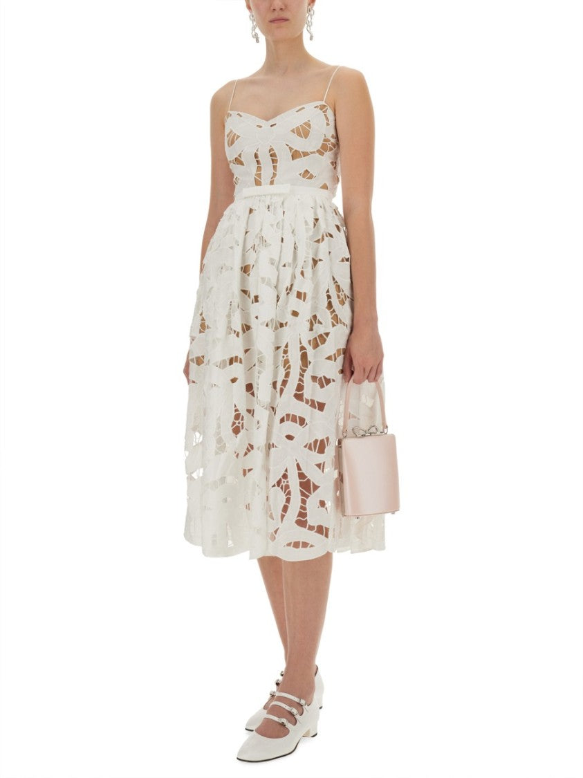 Self-Portrait Linen-Blend Embroidered Bow Midi Dress