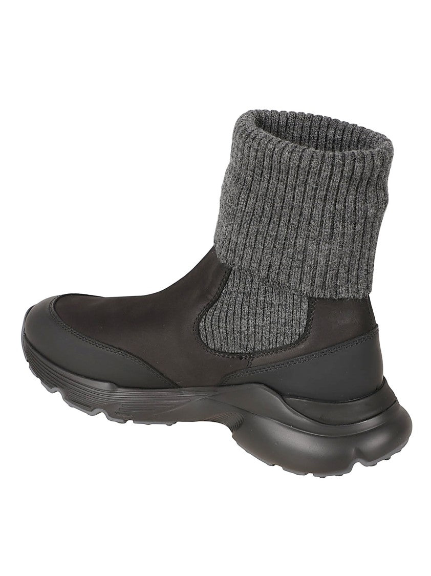 Tod's Chunky Knit Cuff Black Calfskin Boots
