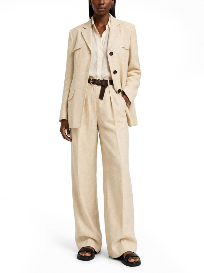 Max Mara Relaxed Fit Light Beige Linen Jacket With Notched Lapel And Flap Pockets