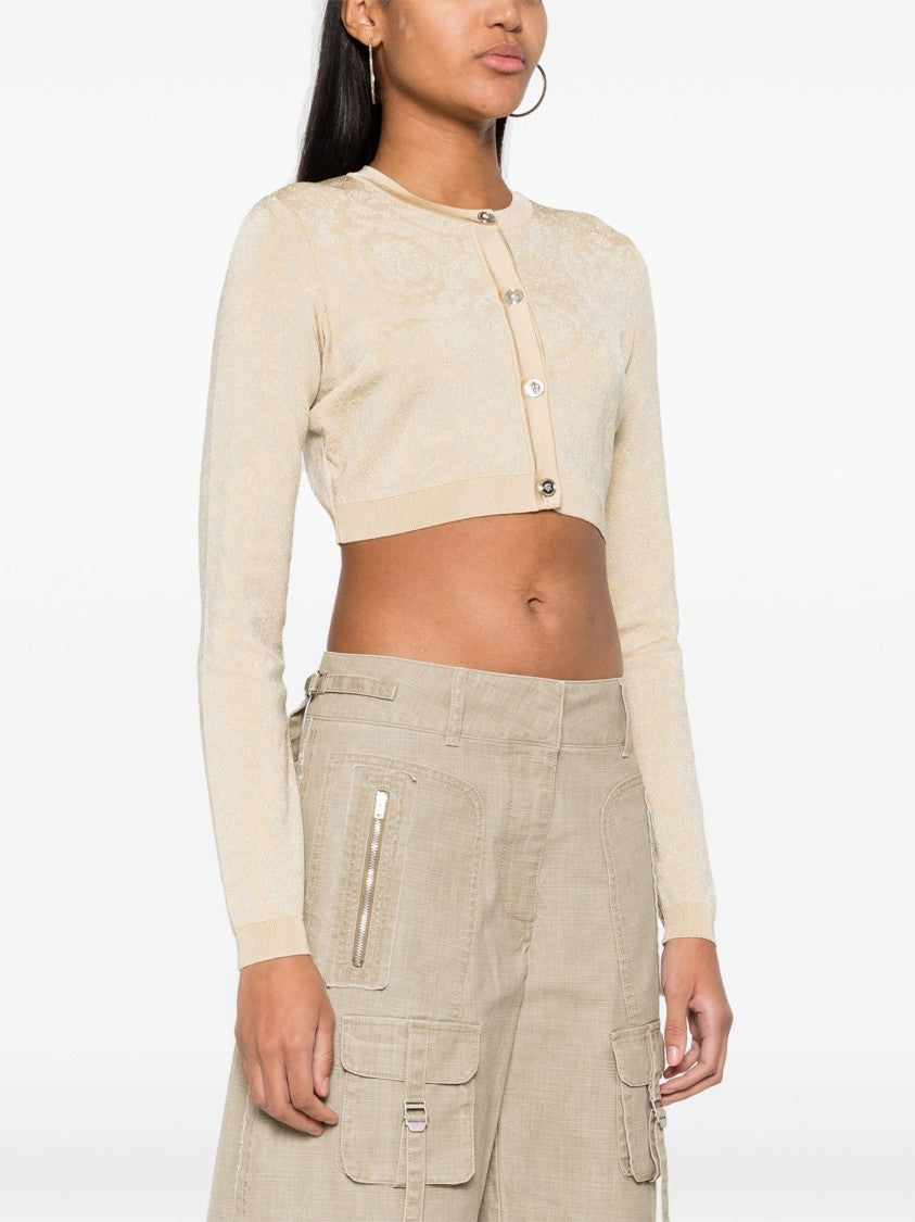 Versace Beige Cropped Baroque Lurex Knit Cardigan