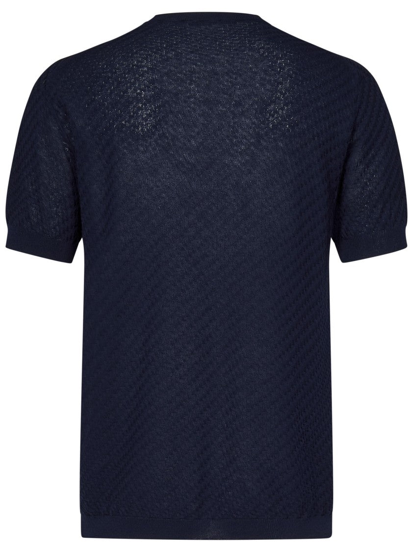 Low Brand Dark Navy Jacquard Crewneck T-Shirt With Short Sleeves