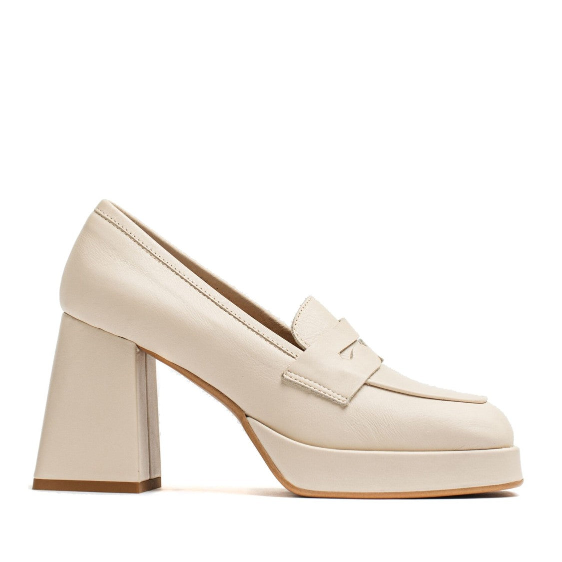 Vamsko Greta Beige High Block Heel Leather Loafer Pumps