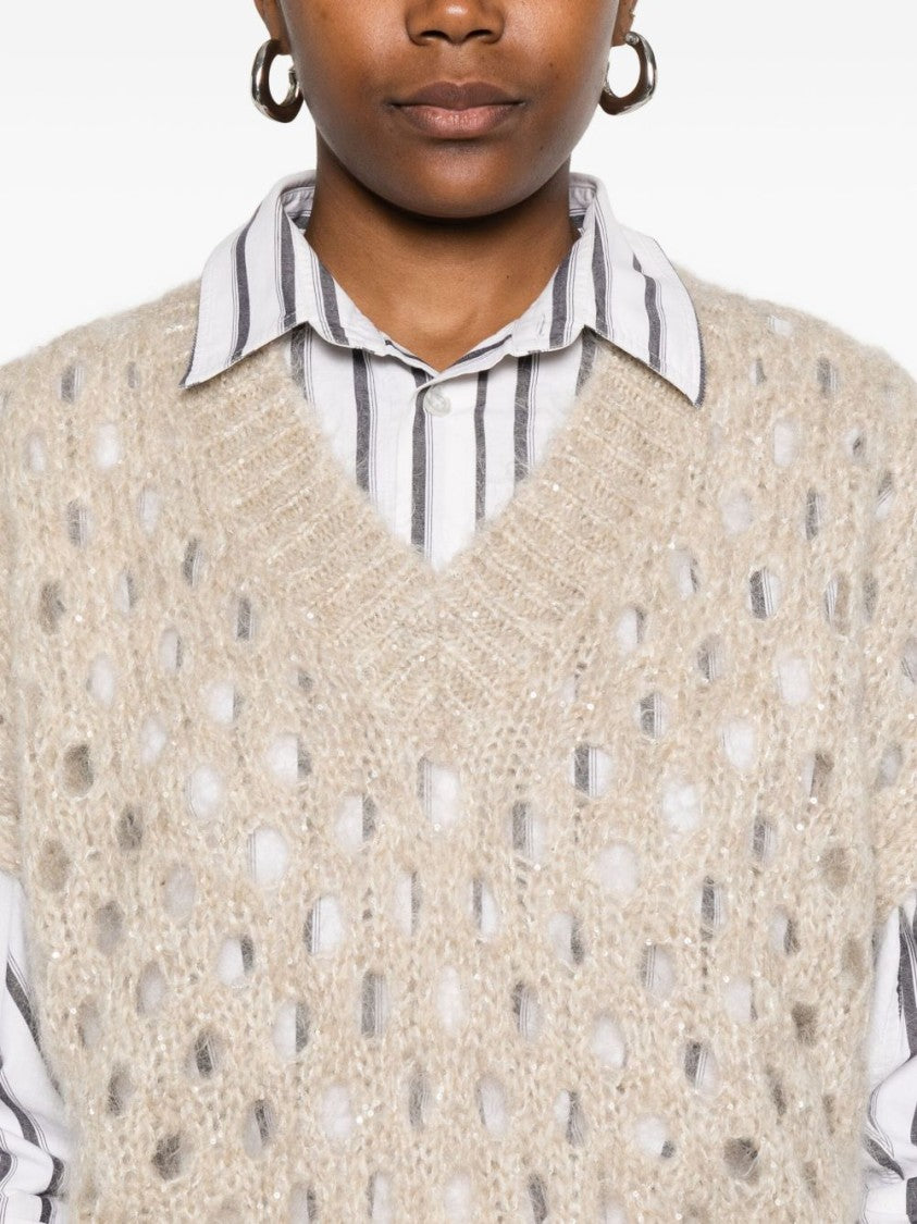 Brunello Cucinelli Cropped Open-Knit Sweater With V-Neckline