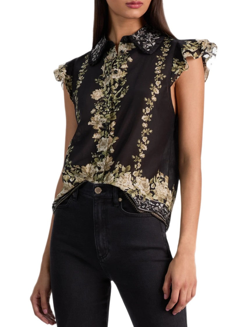 Alice Olivia By Stacey Bendet Flutter Sleeve Floral Print Blouse In Cotton-Silk Blend