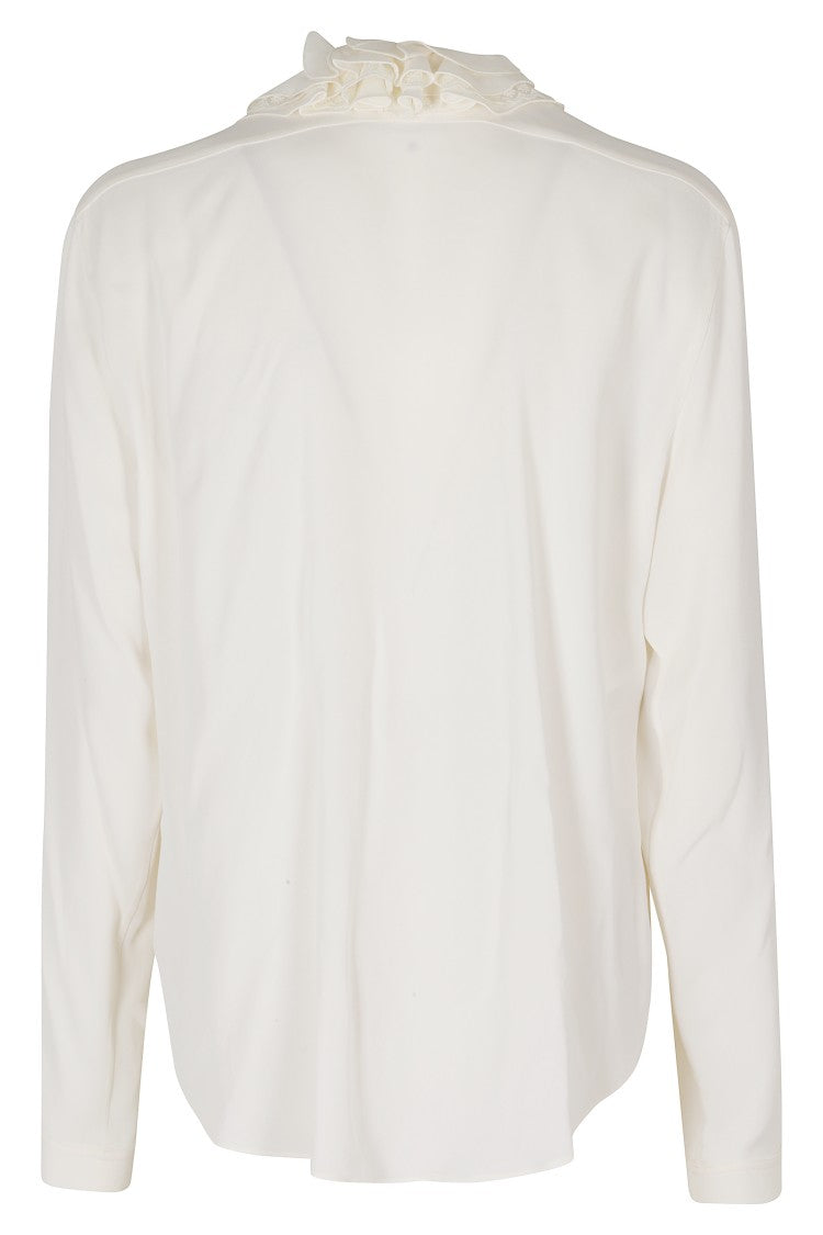 Alberta Ferretti Ivory Georgette Lace Trimmed Ruffled V-Neck Viscose Blouse