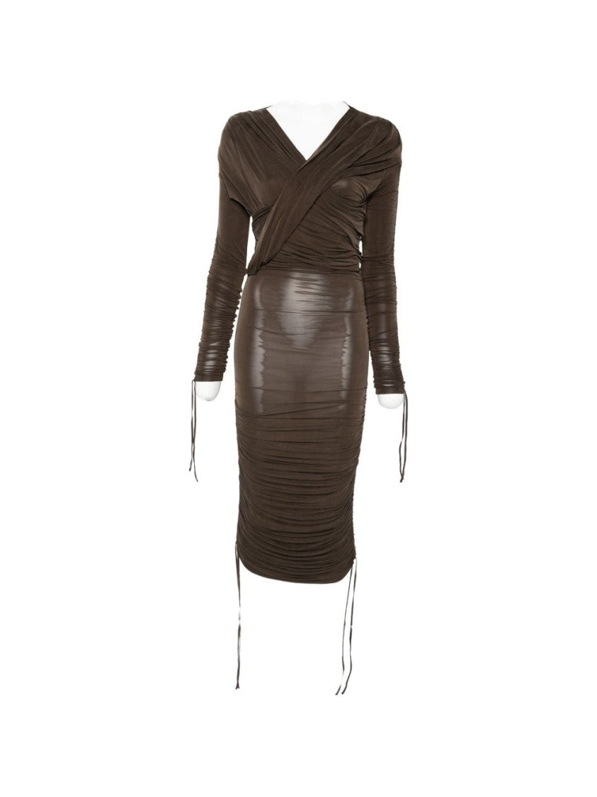 Balmain Brown Gathered Long Sleeve Midi Dress