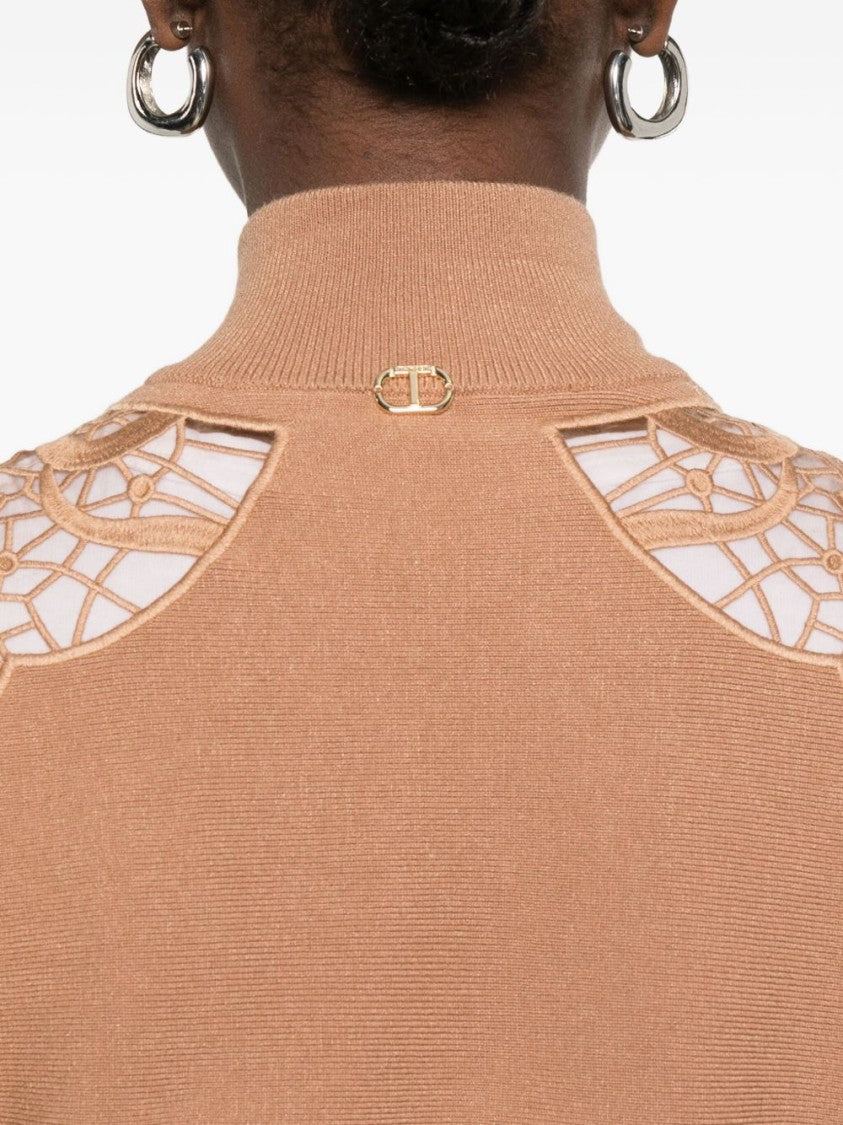 Twin-Set High Collar Lace Cut-Out Coat With Ribbed Hem