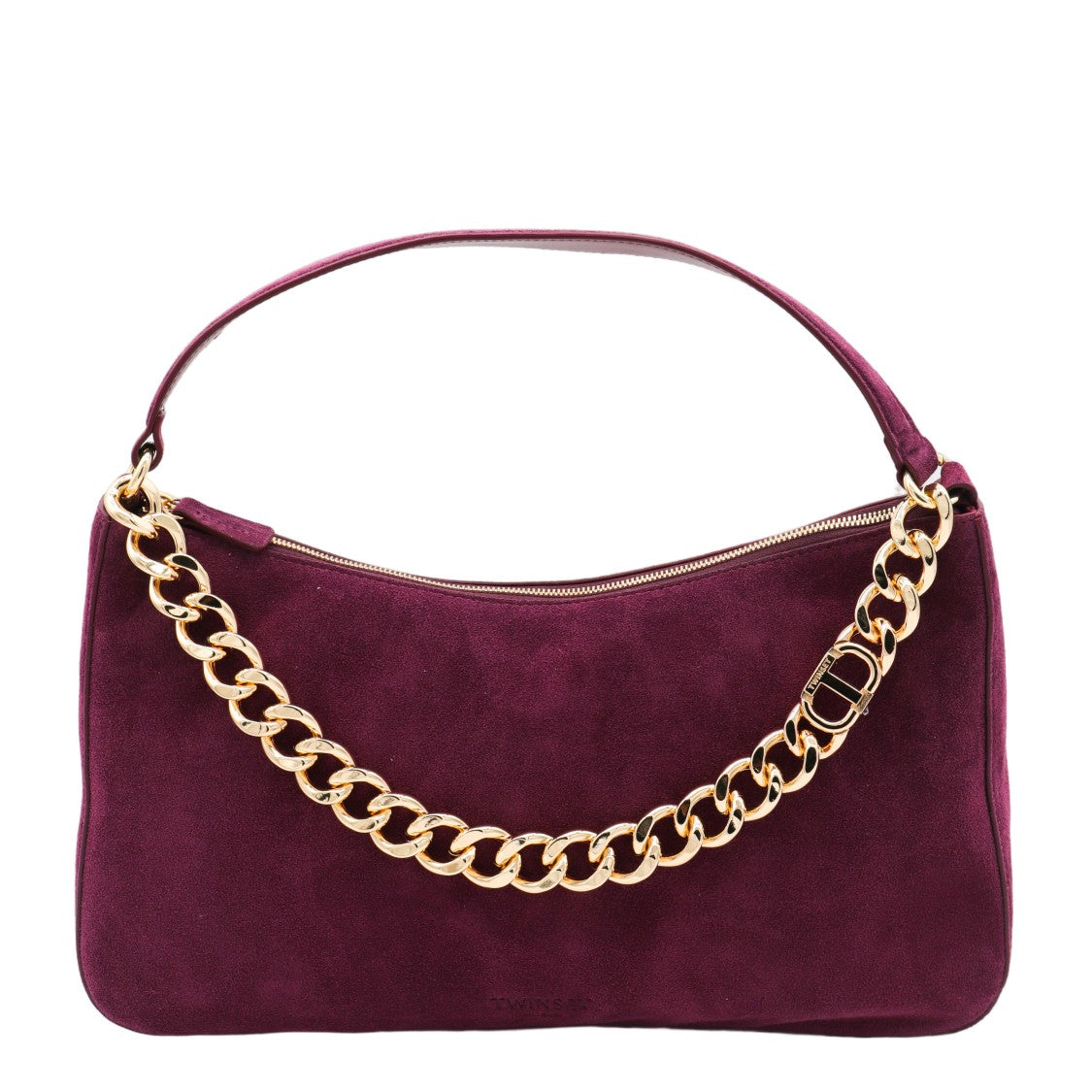 Twin-Set Burgundy Suede Bag With Gold Chain Detail
