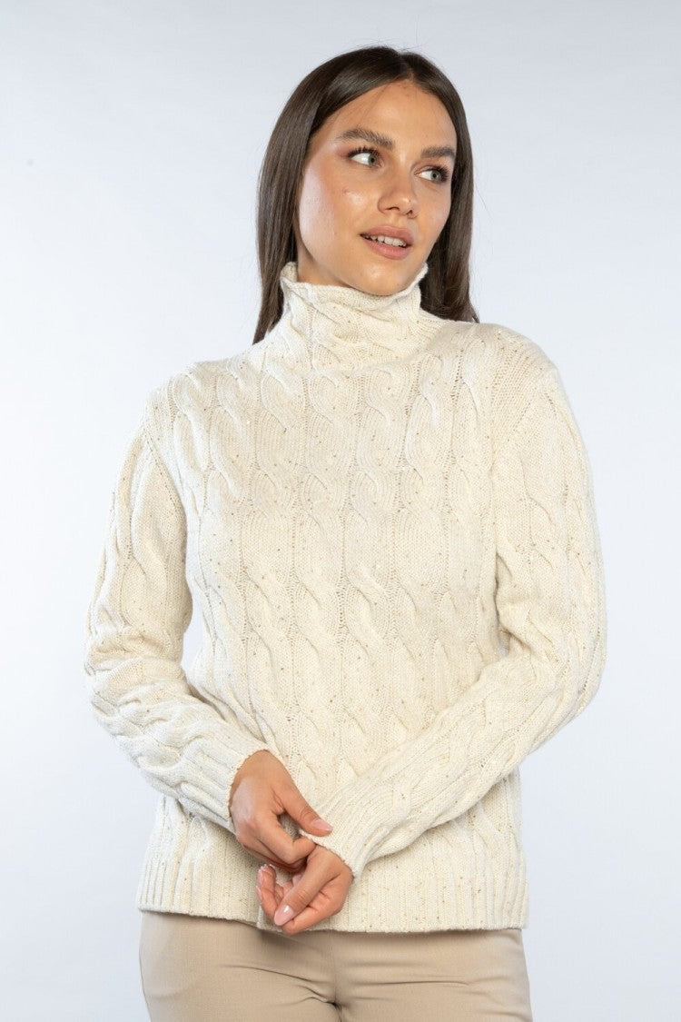 Paolo Fiorillo Capri Ivory Cable-Knit Turtleneck Sweater With Braided Pattern