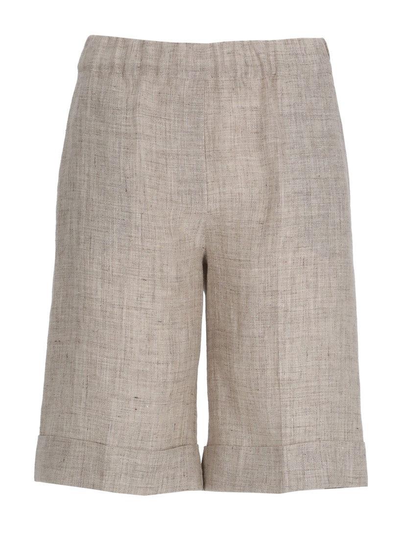 D. Exterior Brown Elastic Waist Linen Shorts