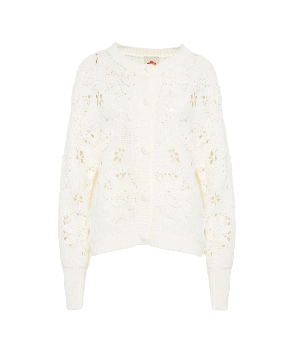 Farm Rio Openwork Knit Cardigan With Flower Motif