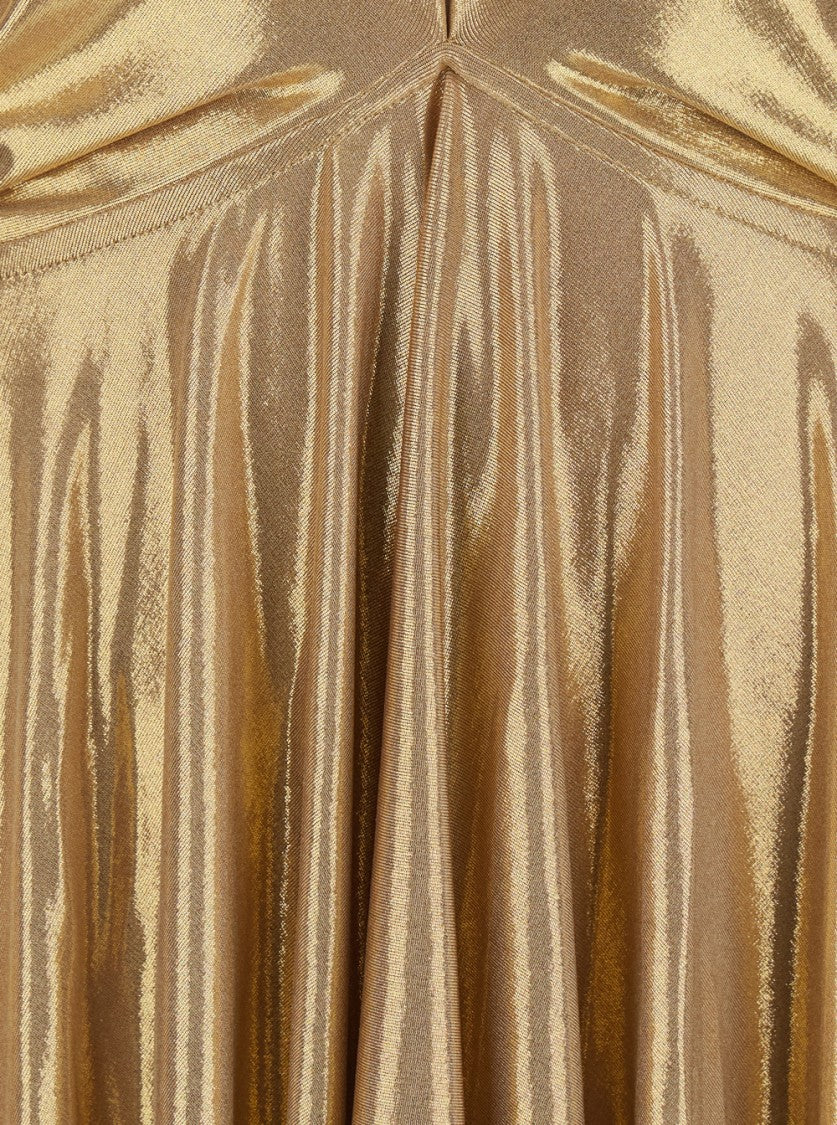 Norma Kamali Asymmetrical Gold Dress With Deep V-Neckline