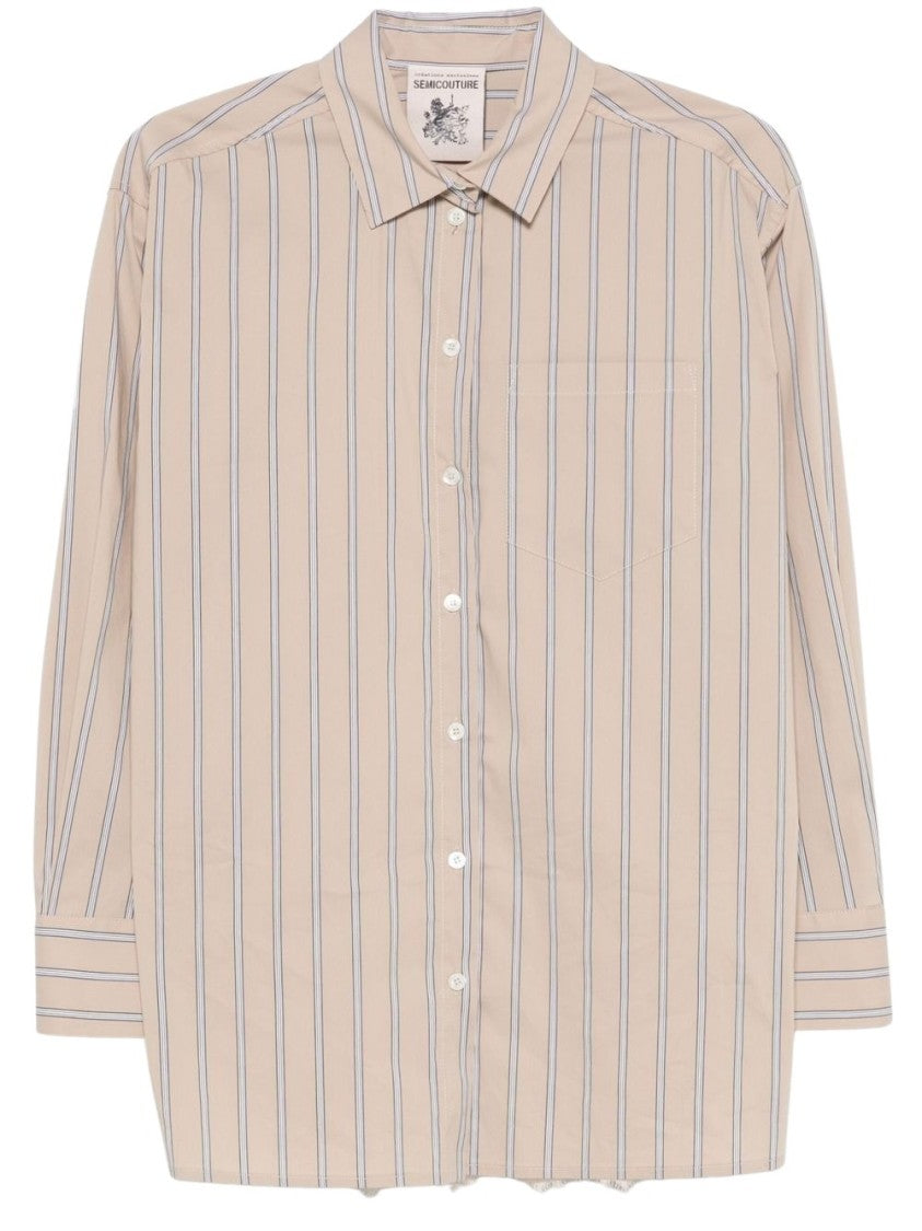 Semi Couture Button-Up Shirt With Lace Overlay And Vertical Stripes