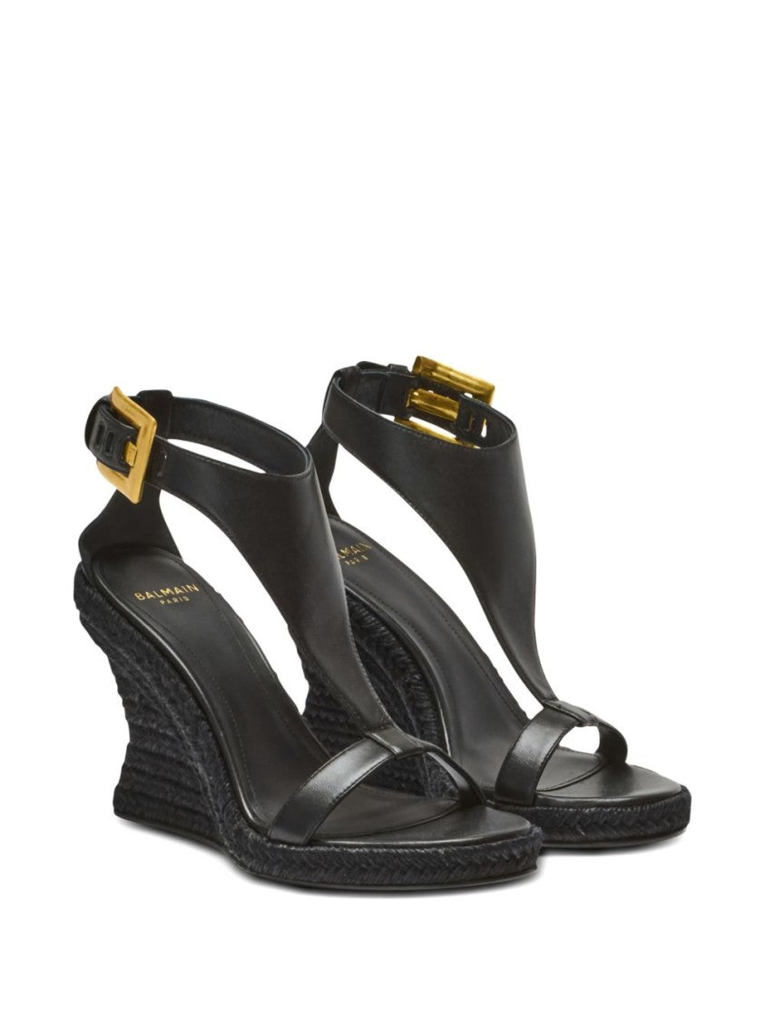 Balmain Black Textured Woven Wedge Sandals