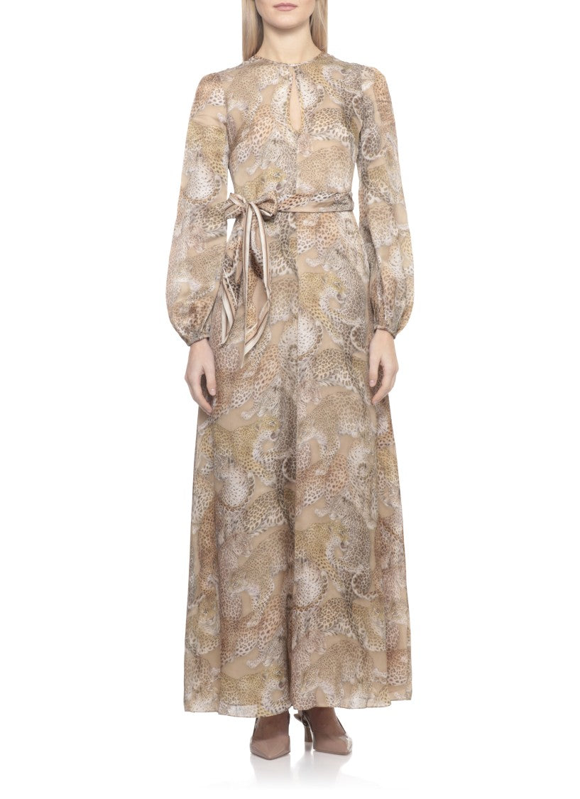 Zimmermann Animal Print Midi Dress With Puffed Sleeves And Matching Belt