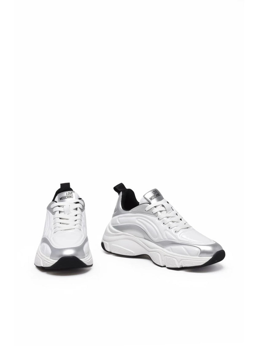 Love Moschino White Leather-Rubber Blend Sculpted Sole Chunky Sneakers