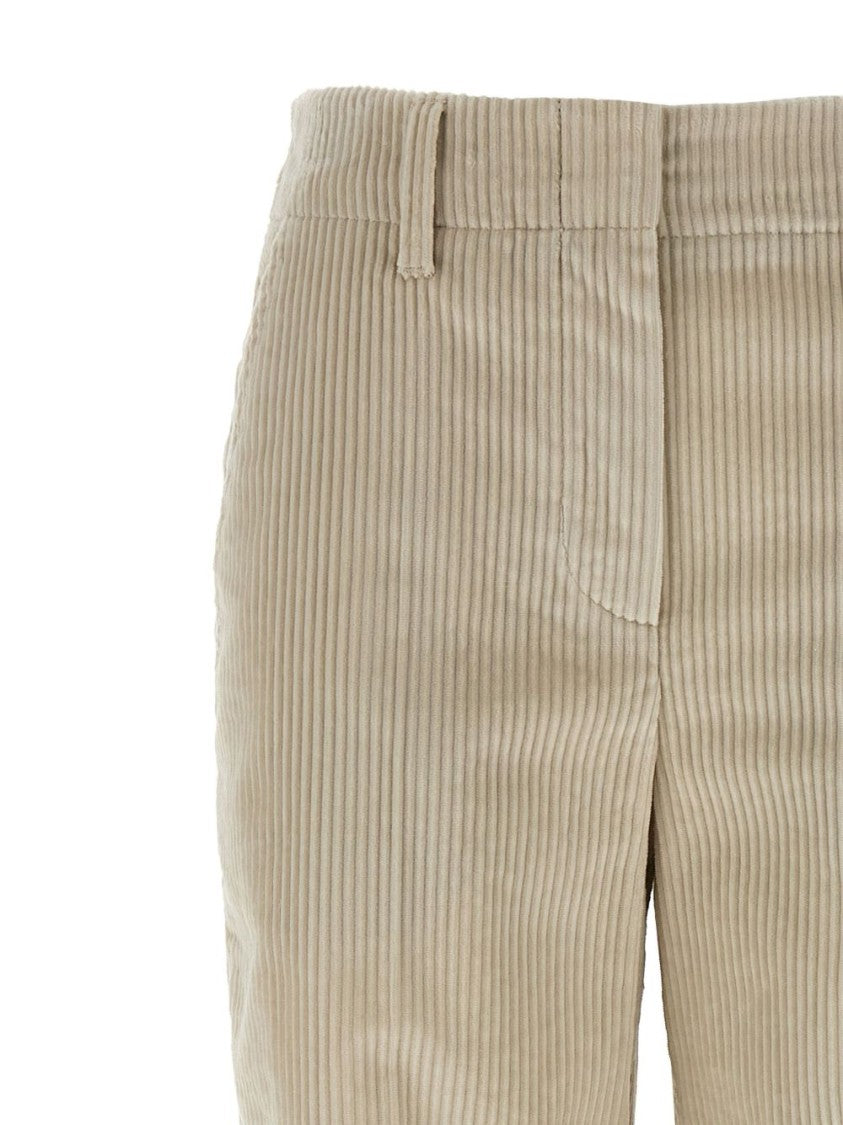 Brunello Cucinelli Beige Corduroy Trousers With Front Zip And Hook Button Closure