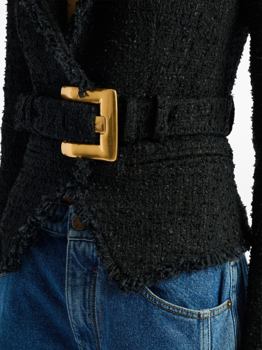 Balmain Tailored Black Tweed Jacket With Notched Lapel