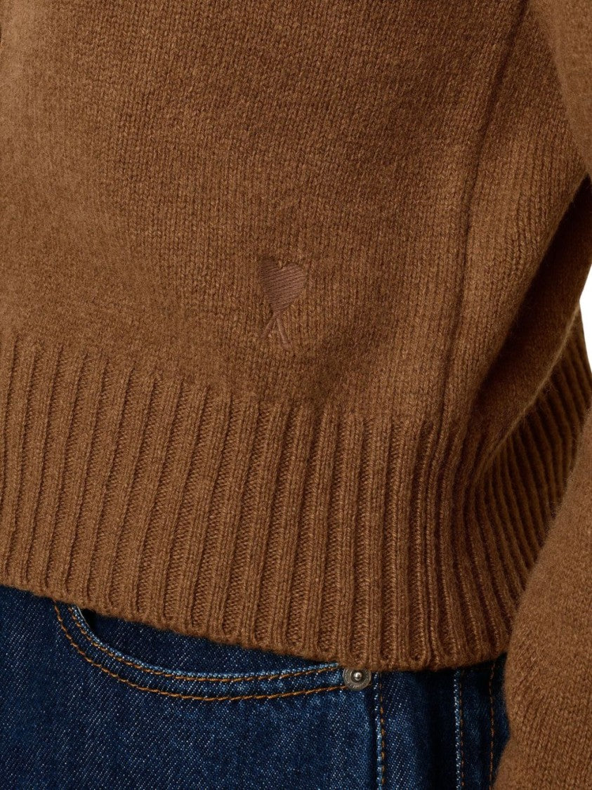 Ami Cropped Brown Wool Cardigan With Crew Neck And Ami De Coeur Embroidery
