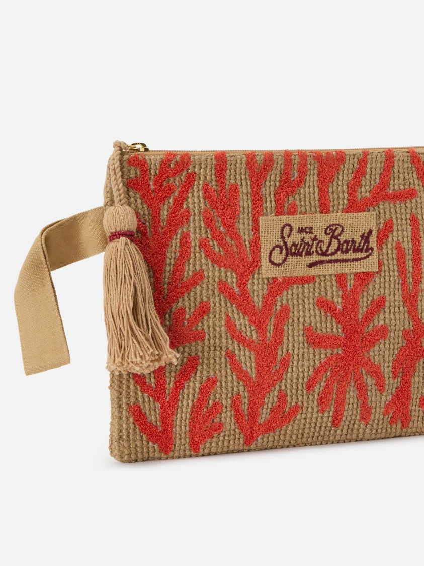 Mc2 Saint Barth Textured Rectangular Clutch Bag With Coral Embroidery