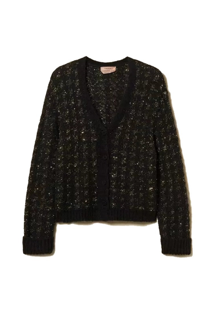 Twin-Set Black Sparkle-Fleck V-Neck Polyester-Blend Cardigan