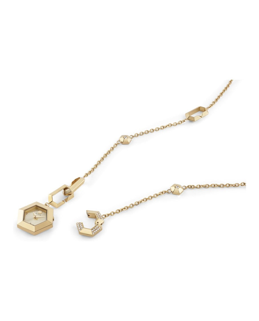 Philipp Plein Hexagon Crystal Necklace Watch With Gold Sunray Dial