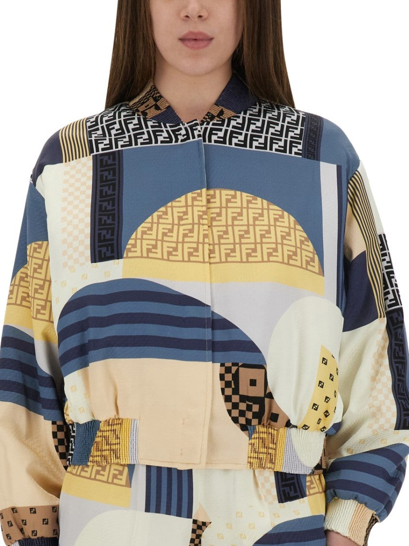 Fendi Silk Bomber Jacket With Patchwork Print