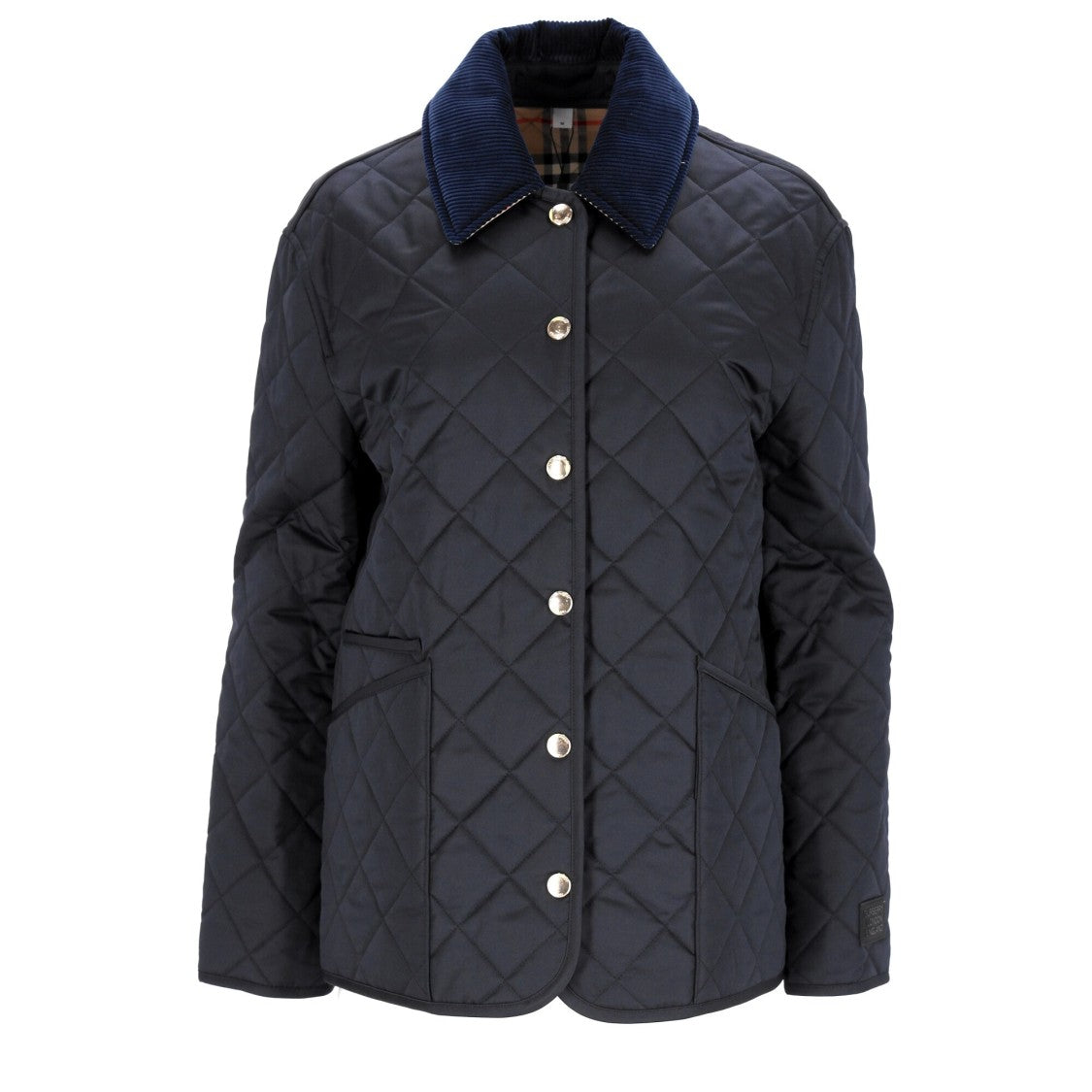 Burberry Quilted Blue Jacket With Corduroy Collar And Signature Details