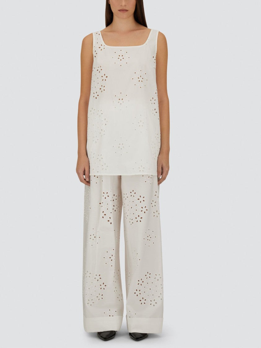 Herno White Raised Embroidery Cotton Wide-Leg Pants