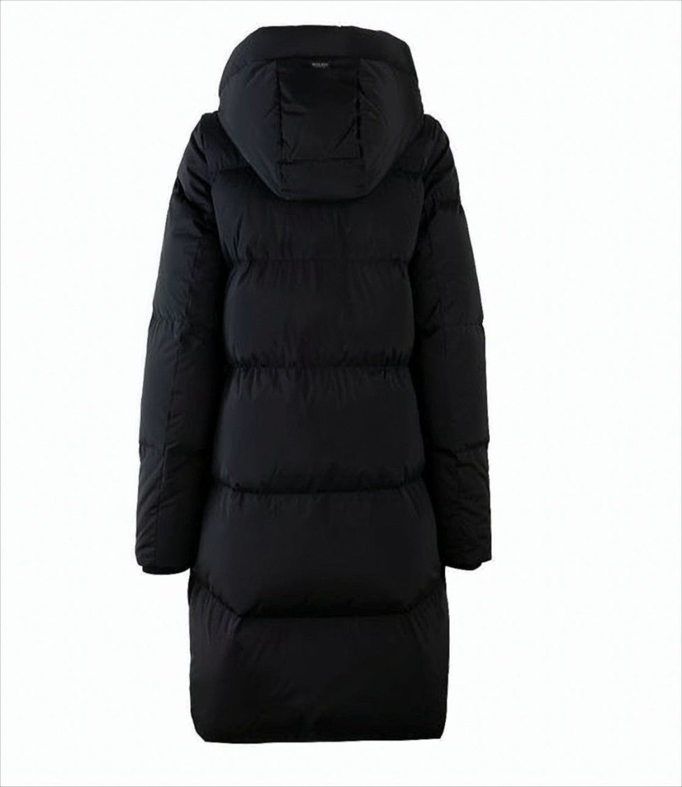 Woolrich Padded Long Black Coat With Removable Hood
