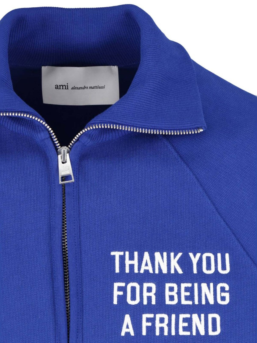 Ami Paris Blue Cropped Half-Zip Cotton Sweatshirt