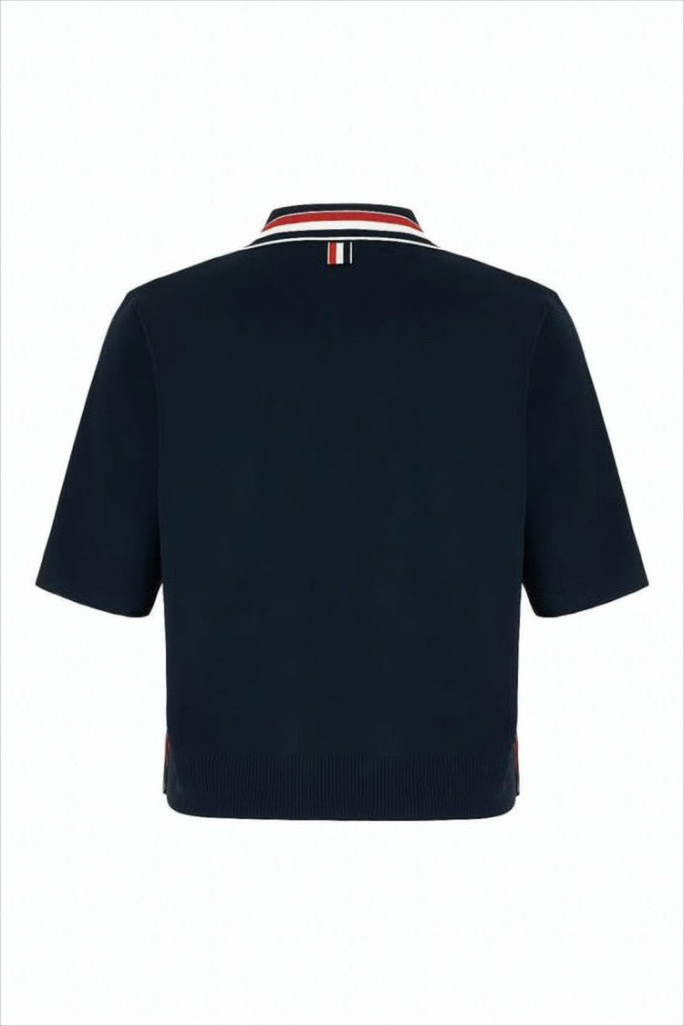 Thom Browne Cropped Blue Polo Shirt With Striped Accents